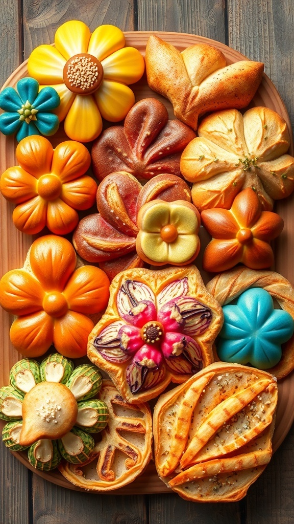 A variety of creative bread art shapes, including flowers and animals, displayed on a wooden table.